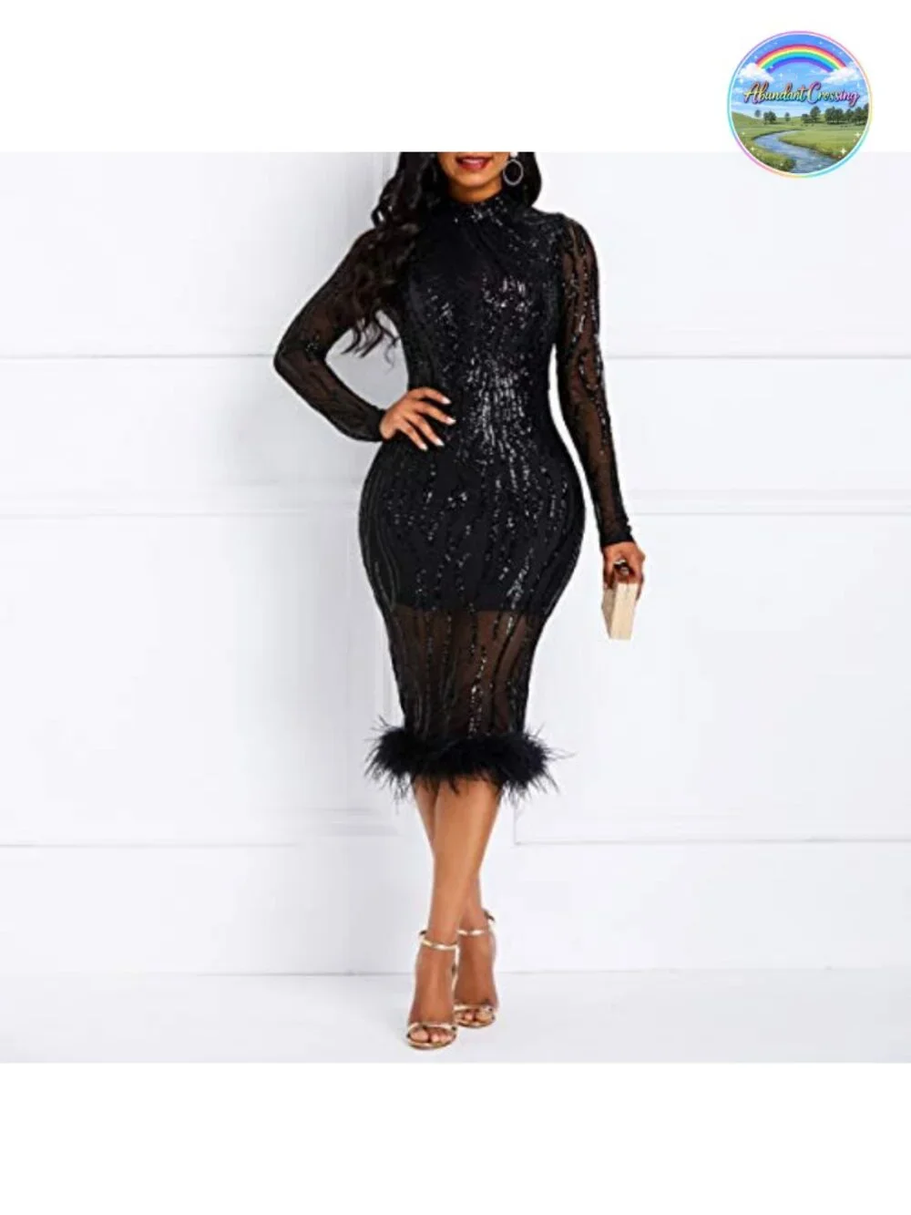 Sequins Patchwork Bodycon Maxi Dress Long Sleeve Plume High Neck